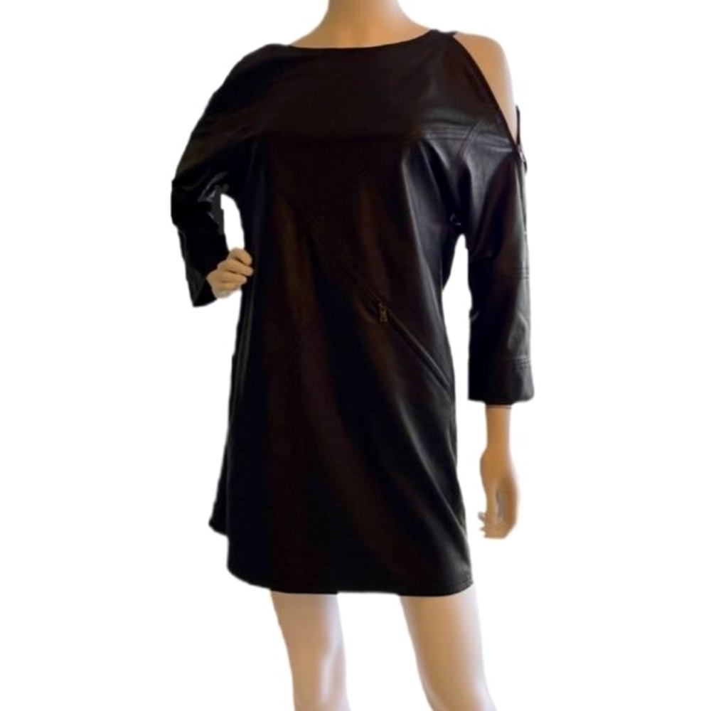 BCBG MAXAZRIA Yana Black Faux Leather Dress Zippered Cold Shoulder XS